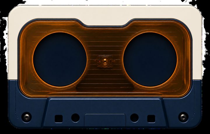 Cassette Pop hardware: cream and navy shell with an amber window.