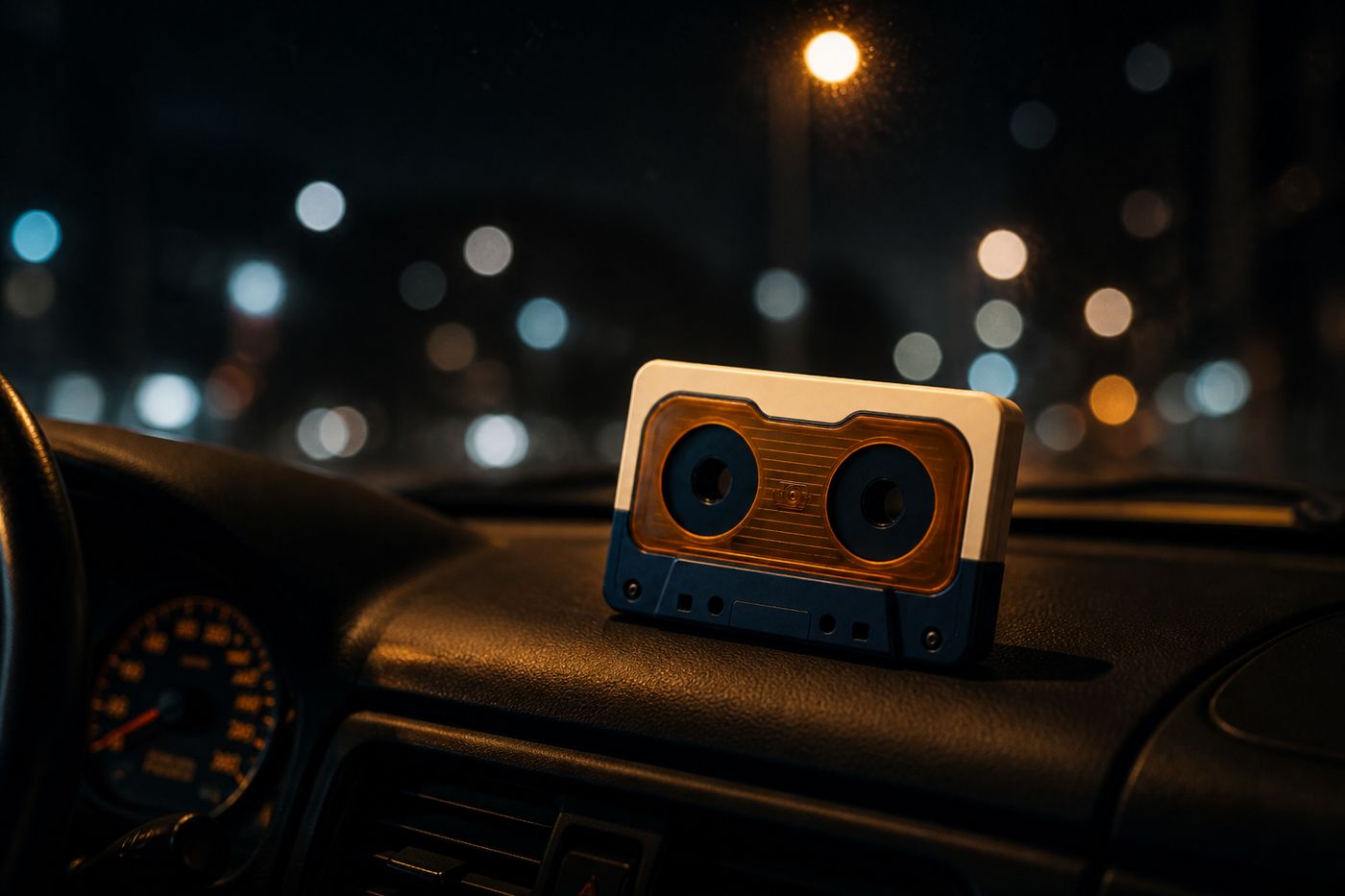 Night drive with an Offly cassette on the passenger seat.