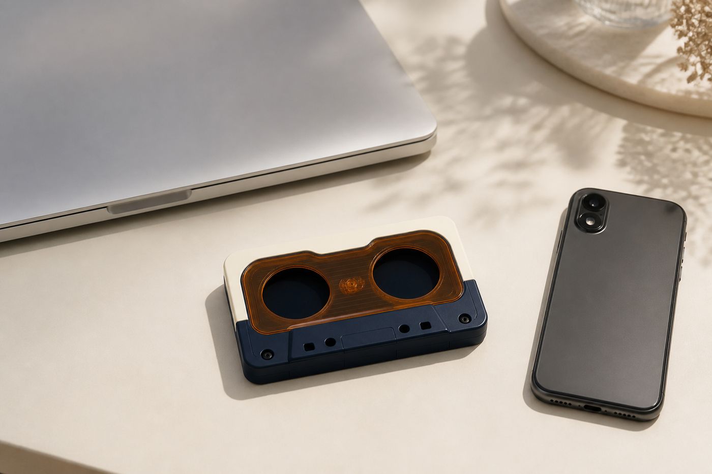 Laptop, iPhone, and Offly cassette on a desk for wireless transfer.