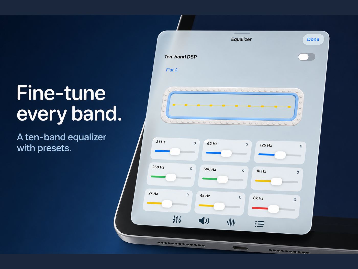 Offly ten-band equalizer on iPad with frequency sliders and presets.