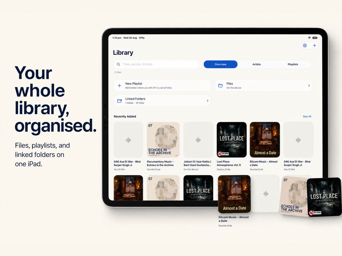 Offly library on iPad with Files, Linked Folders, and recently added artwork.