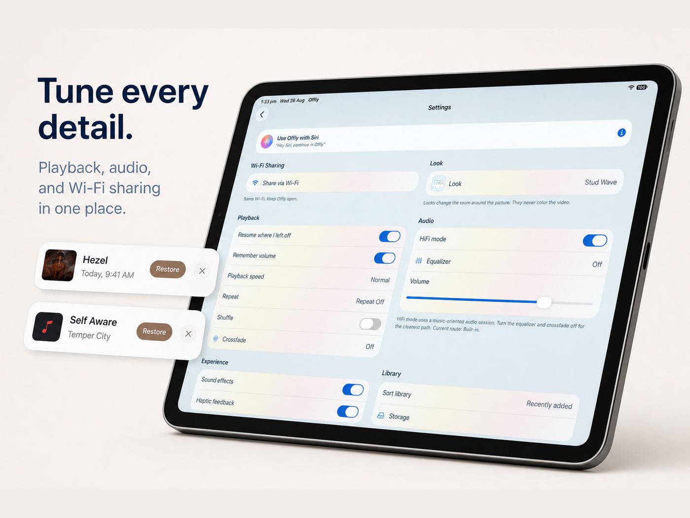 Offly playback settings on iPad.