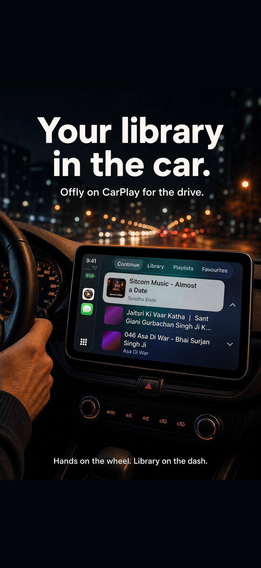 Offly on CarPlay in a car at night.