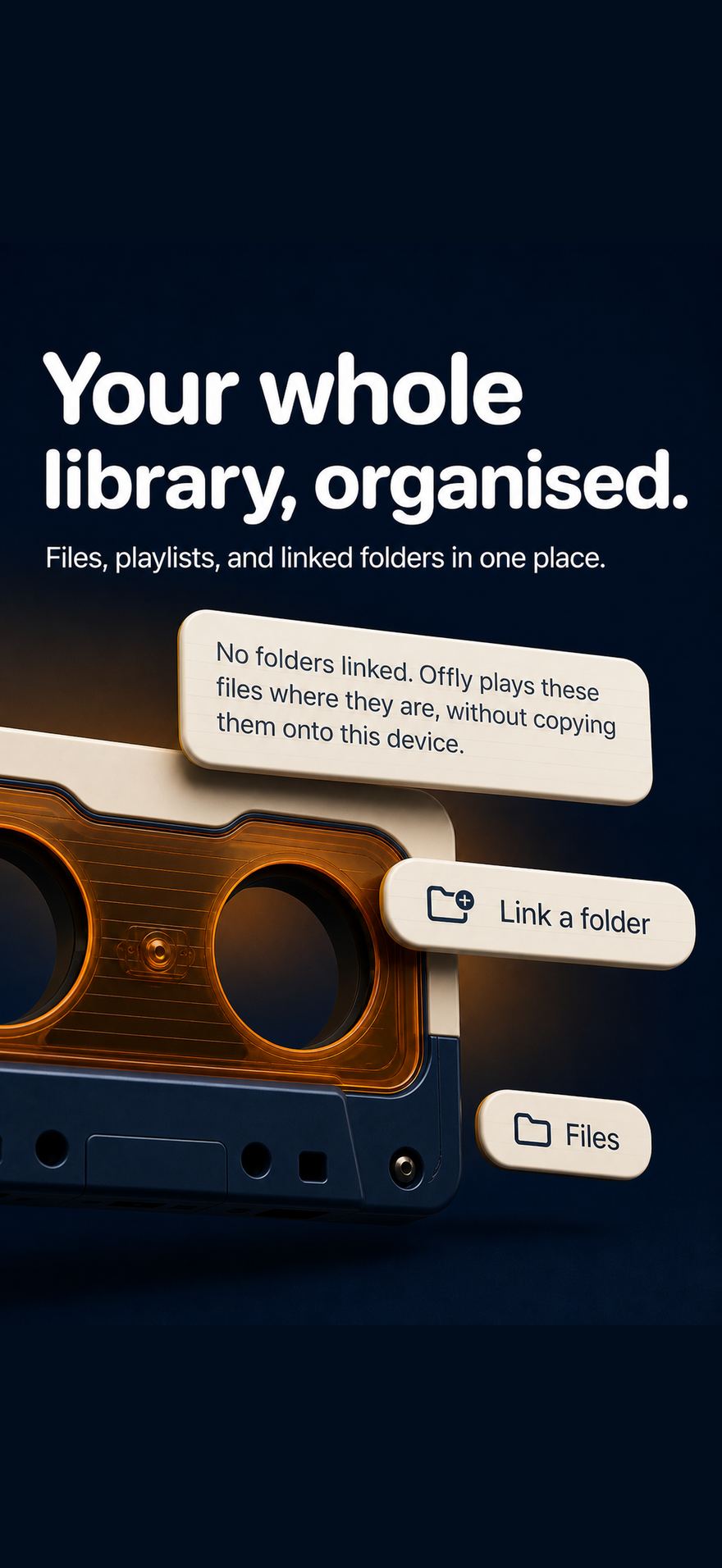 Files, playlists, and linked folders in one library.