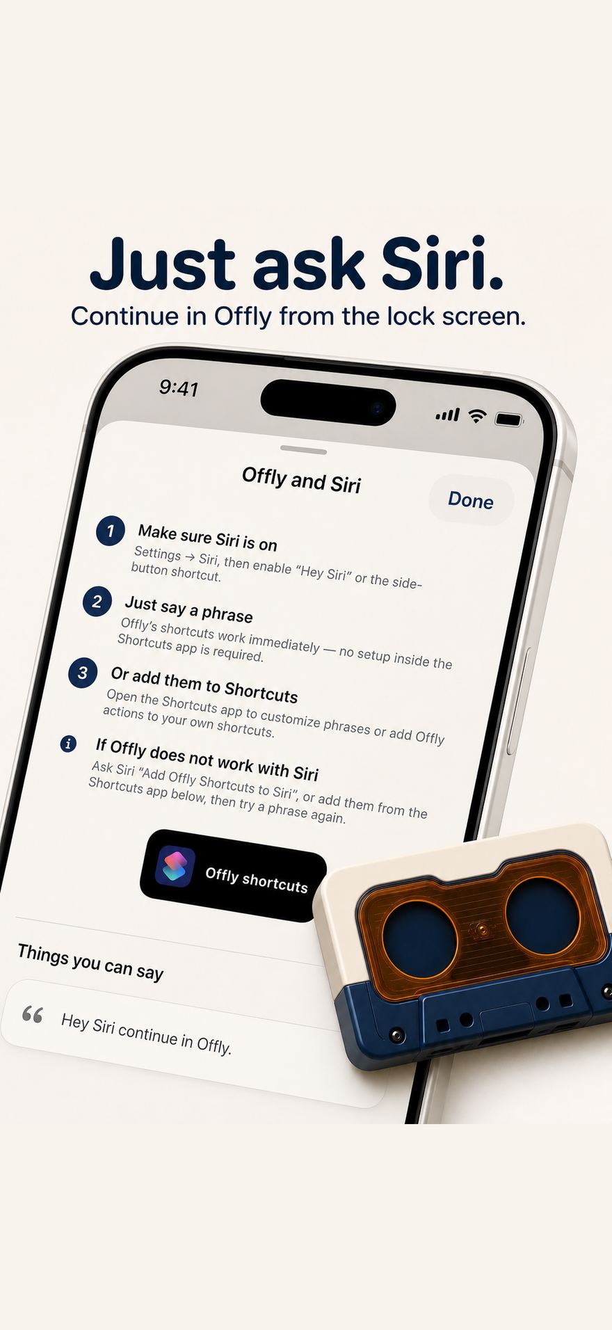 Offly Siri shortcuts, including Continue in Offly.