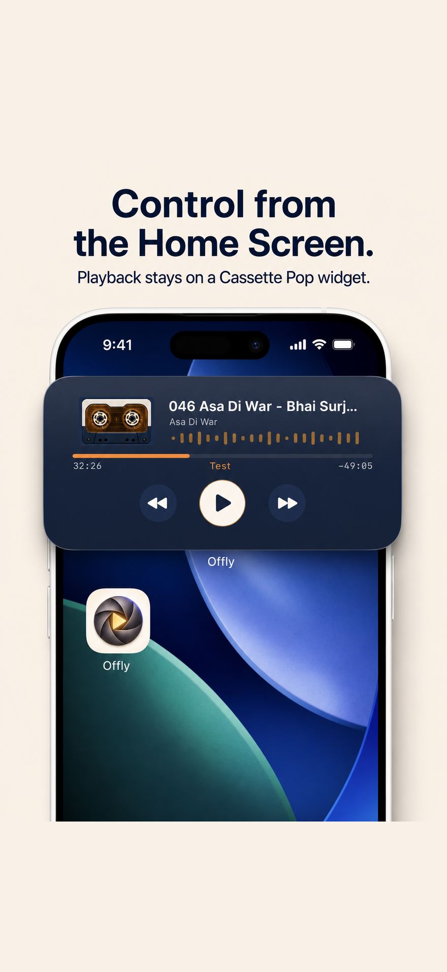 Cassette Pop playback widget on the iPhone Home Screen.