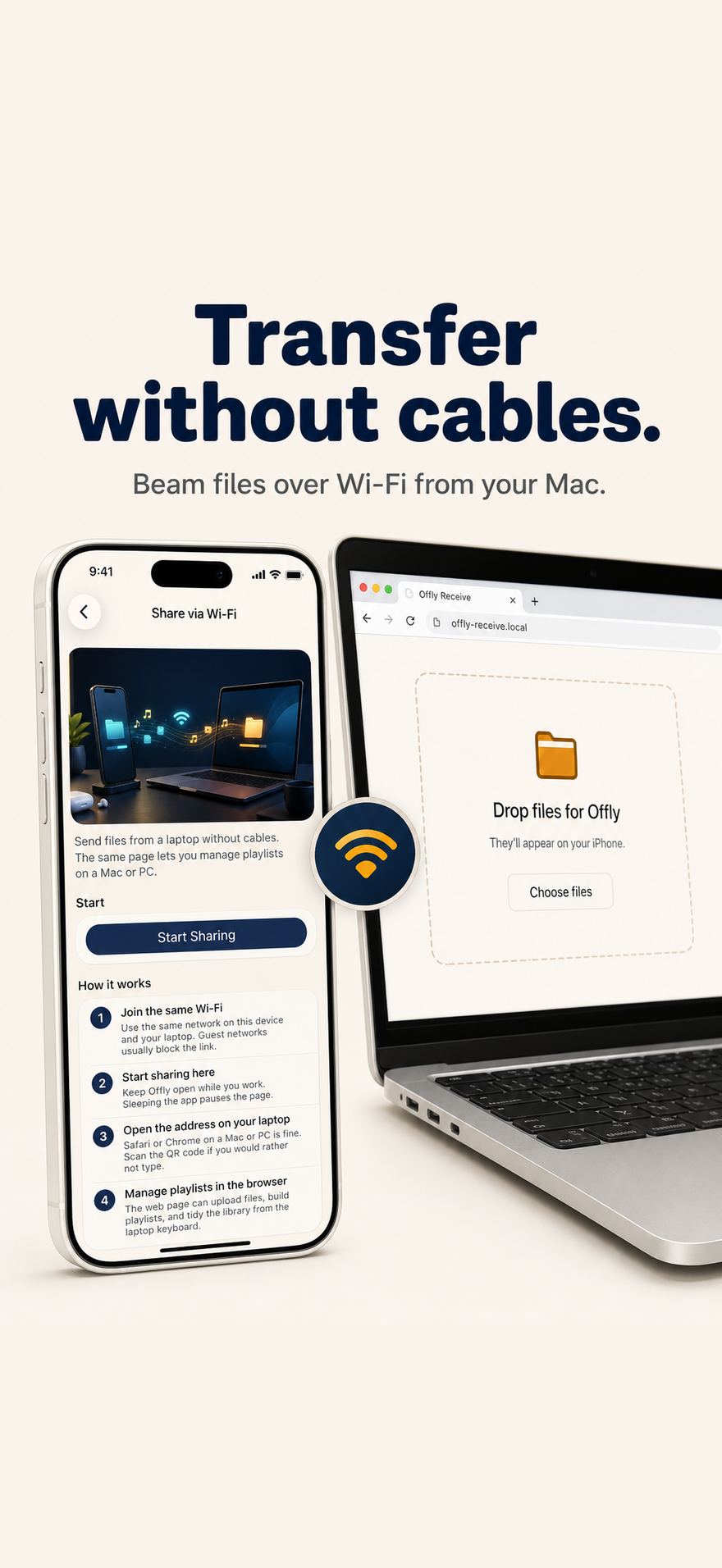 Wi-Fi sharing from a Mac to Offly on iPhone.